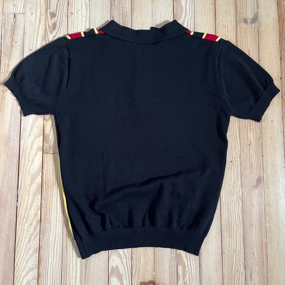 OXXKNITSTORE Mens Knit Striped Polo Shirt Short Sleeve Zip Up Black Red Yellow‎ - Picture 5 of 10